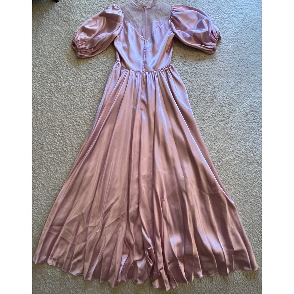Vintage 1970's Pink Satin Bridesmaid Dress Gown High Lace Neck Union Made USA M